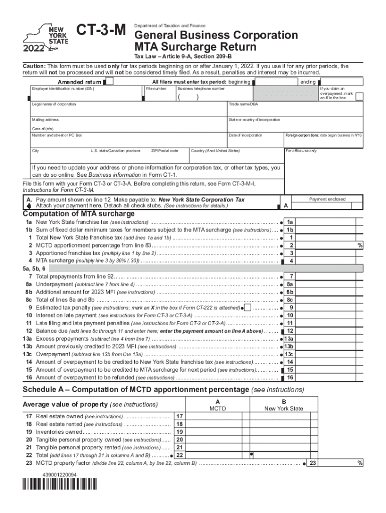  Form CT 3 M General Business Corporation MTA Surcharge Return Tax Year 2022