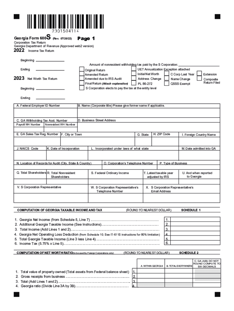  600S Corporation Tax Return Georgia Department of Revenue 2022-2024