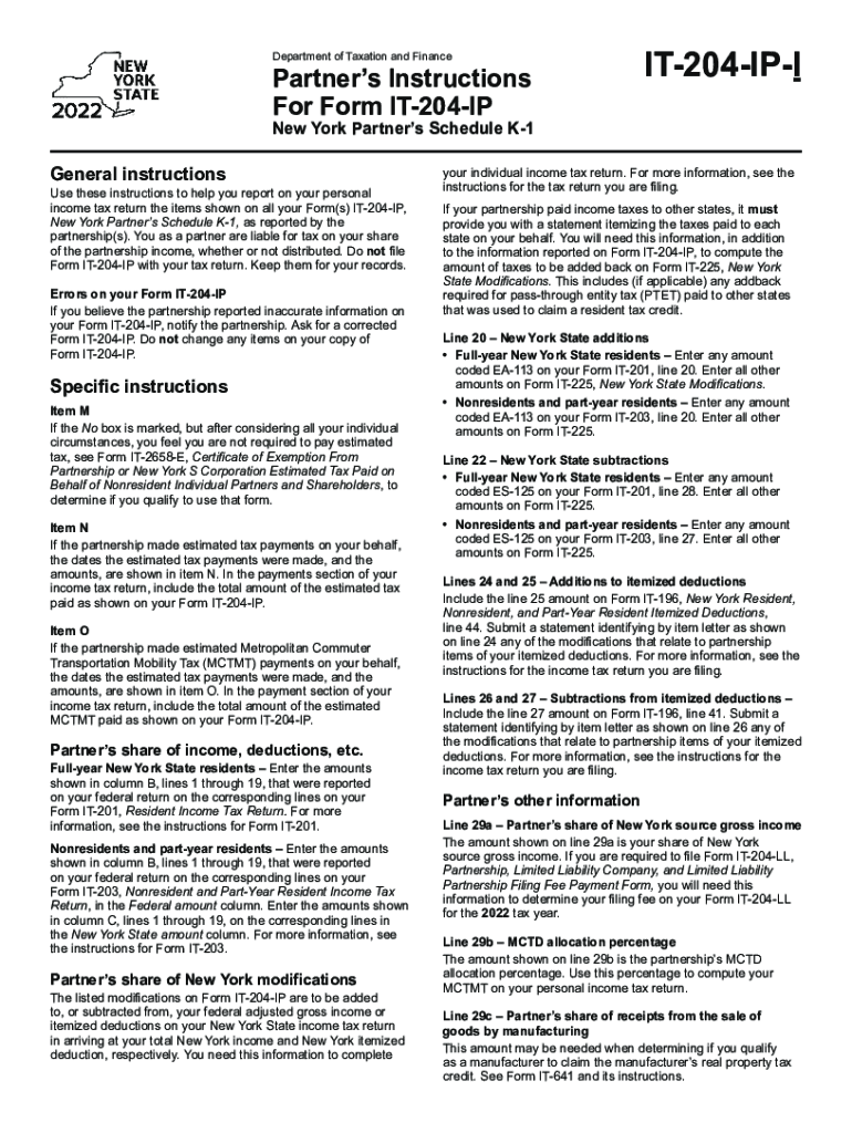  Partner&#039;s Instructions for Form it 204 IP Tax NY Gov 2022