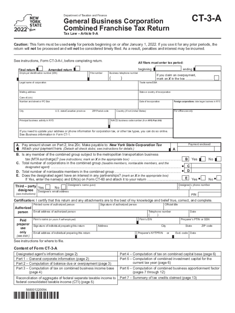  Form CT 3 General Business Corporation Franchise Tax 2022