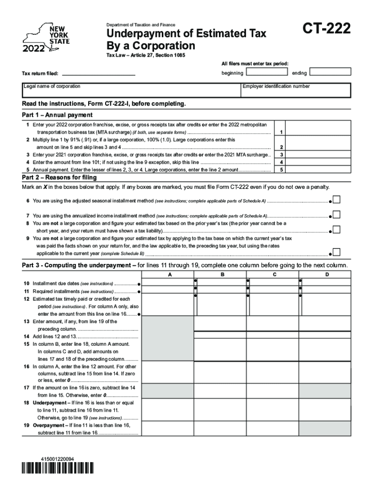  Form CT 222 Underpayment of Estimated Tax by a Corporation Tax Year 2022