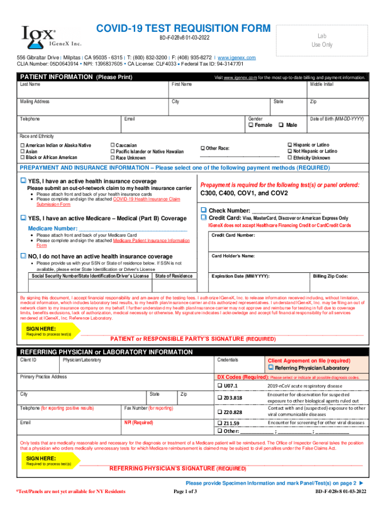  COVID 19 TEST REQUISITION FORMIGeneX 2022-2024