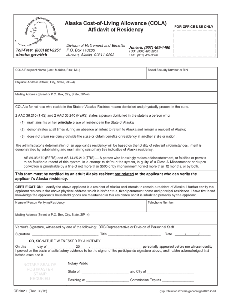 Alaska Cost of Living Allowance COLA Affidavit of Residency  Form