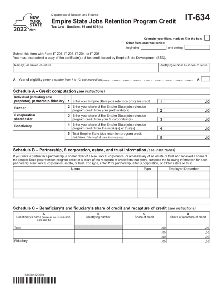  Form it 634 Empire State Jobs Retention Program Credit Tax Year 2022