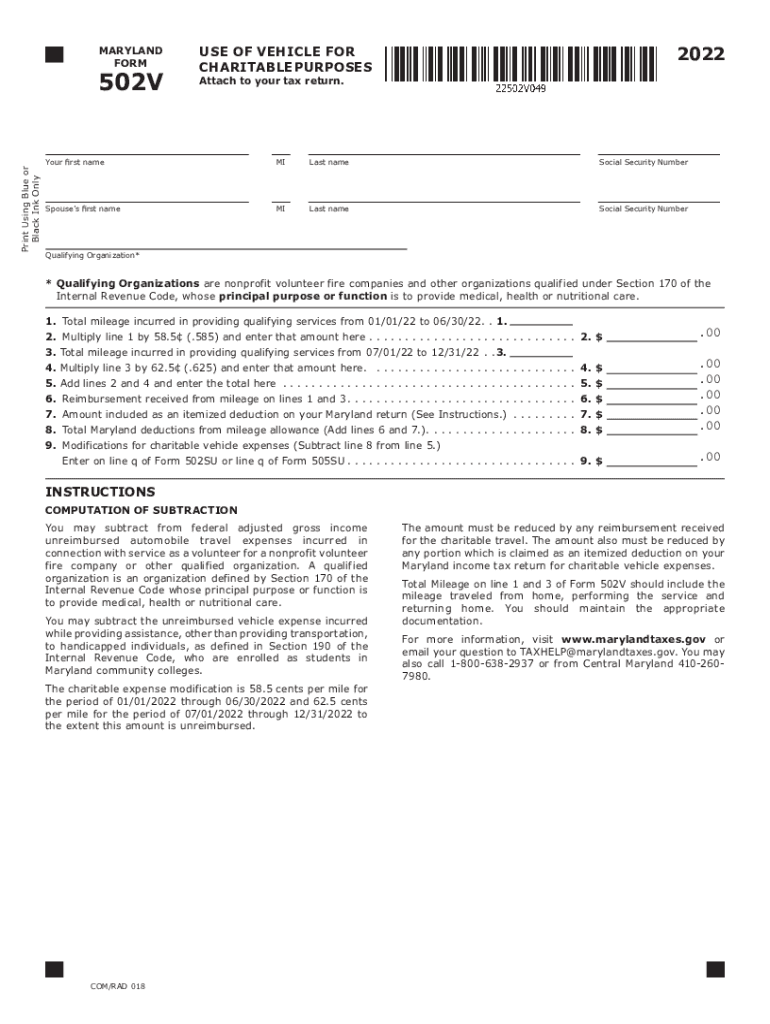  MARYLAND USE of VEHICLE for FORM CHARITABLE 2022