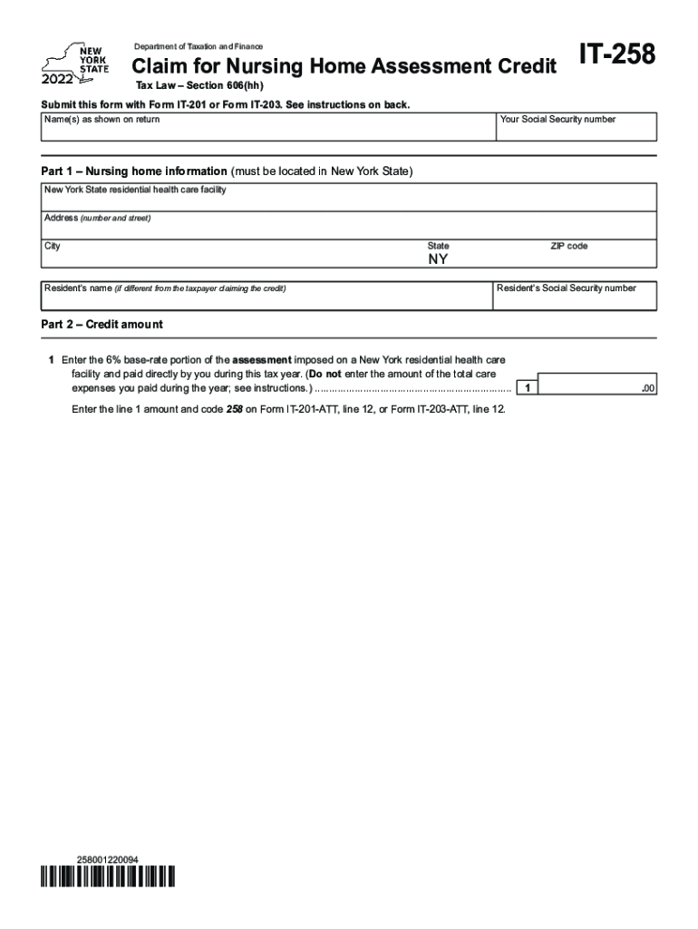 Form it 258 Claim for Nursing Home Assessment Credit Tax Year 2022
