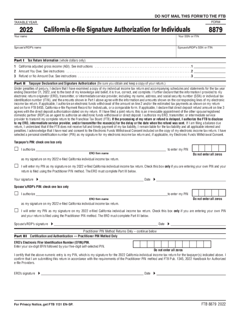 Form 8879 California E File Signature Authorization for Individuals 2022-2024