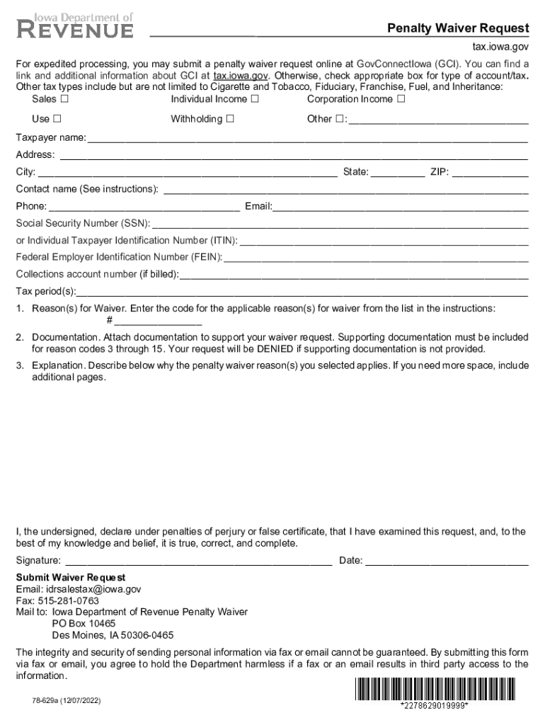  Penalty Waiver Request 78 629 Iowa Department of Revenue 2022-2024