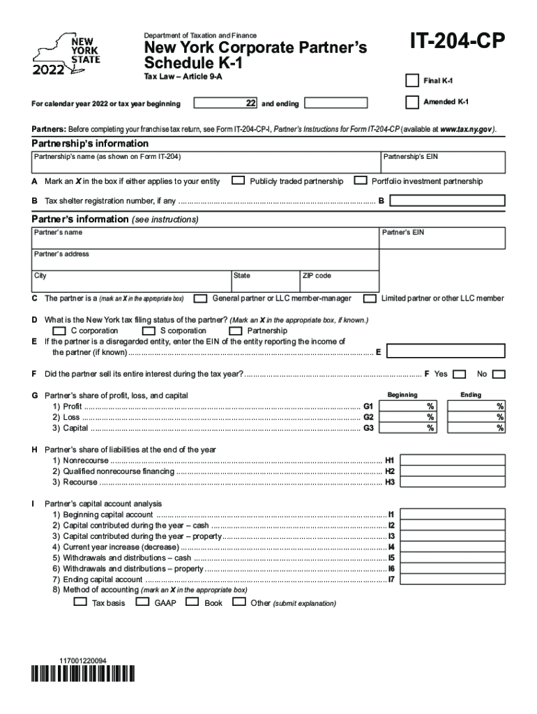  Form it 204 CP New York Corporate Partners Schedule K 1 Tax Year 2022