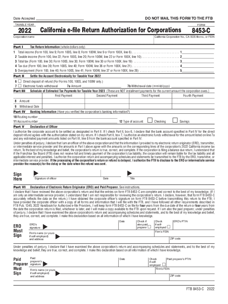 California E File Return Authorization for Corporations Form 8453 C 2022-2024