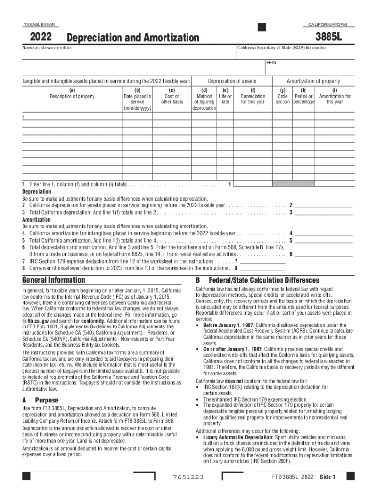  California Form 3885 L Depreciation and Amortization California Form 3885 L Depreciation and Amortization 2022-2024