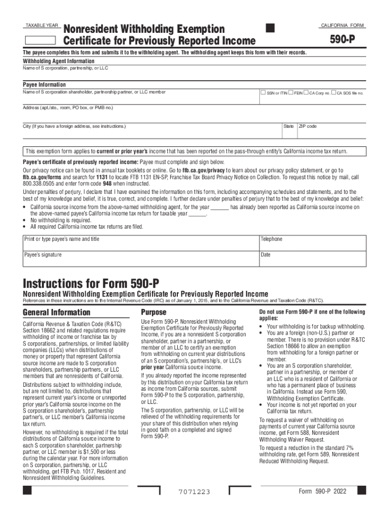  Form 590 P Nonresident Withholding Exemption Certificate for Previously Reported Income 2022-2024