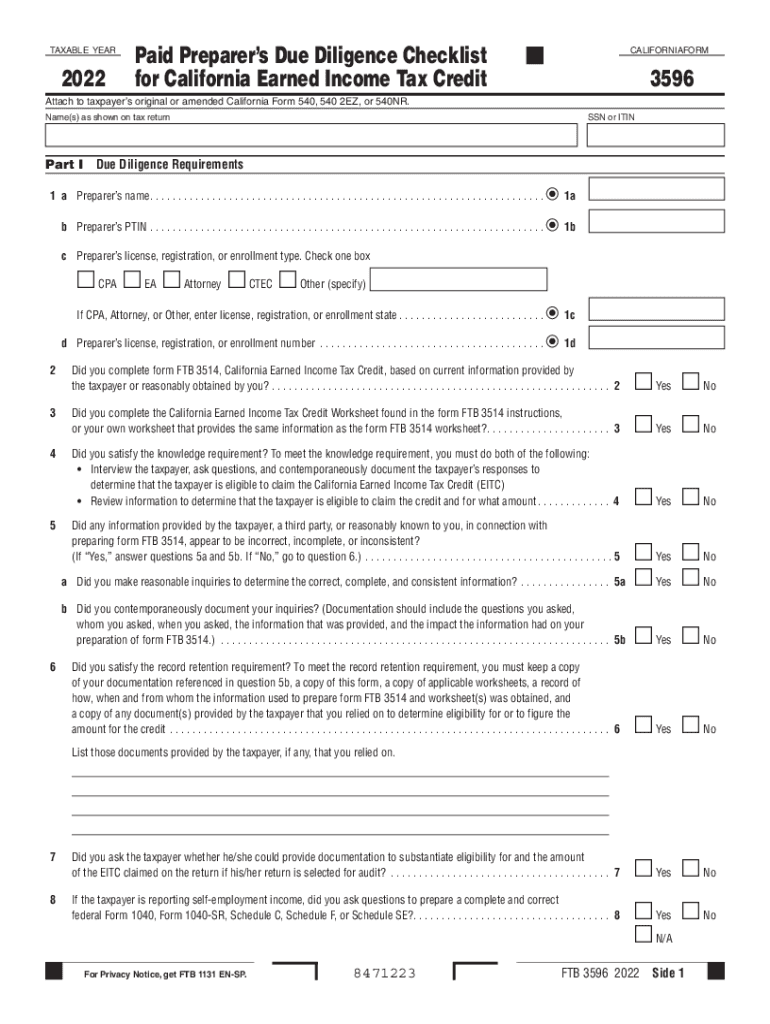  Form 3596 Paid Preparer&#039;s Due Diligence Checklist for California Earned Income Tax Credit 2022-2024