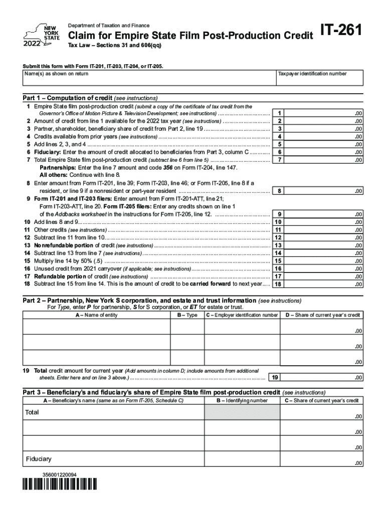  New York Form it 261 Claim for Empire State Film Post 2022