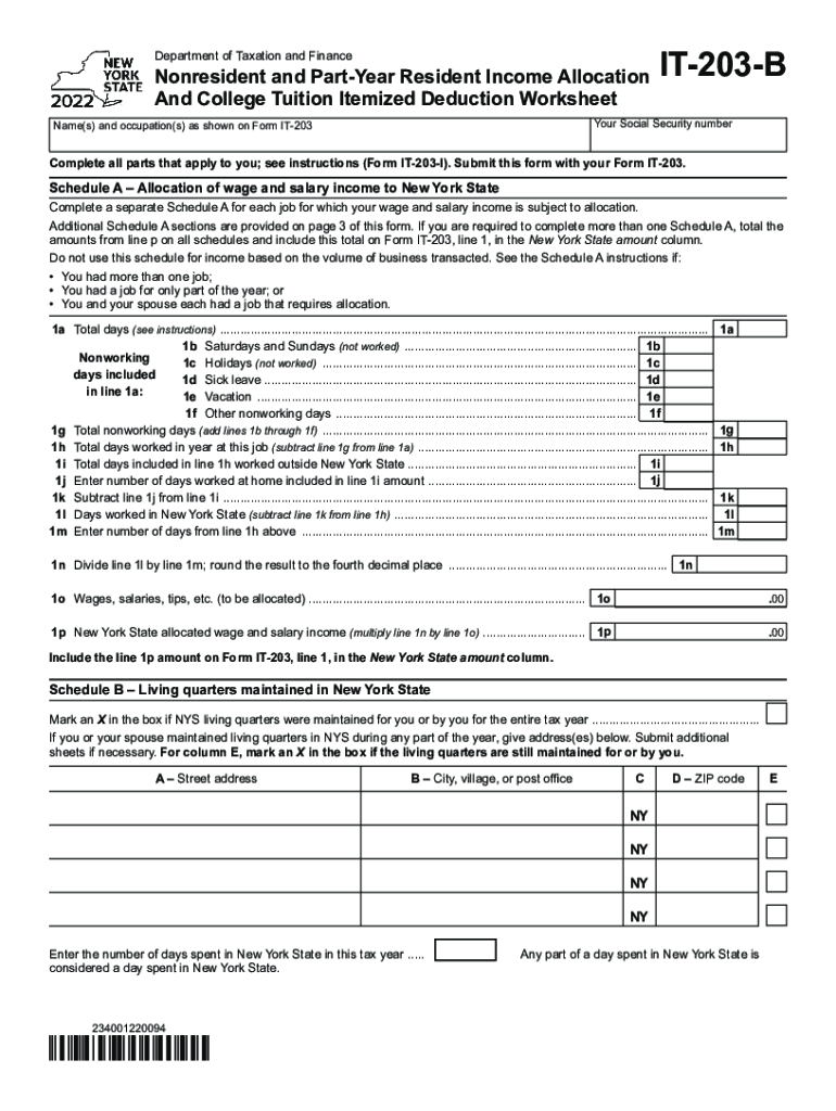  Form it 203 B Nonresident and Part Year Resident Income Allocation and College Tuition Itemized Deduction Worksheet Tax Year 2022