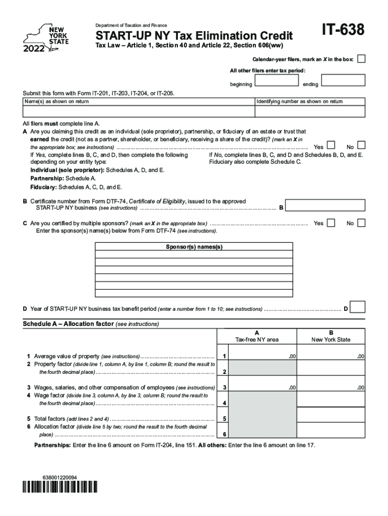  Form it 638 START UP NY Tax Elimination Credit Tax Year 2022