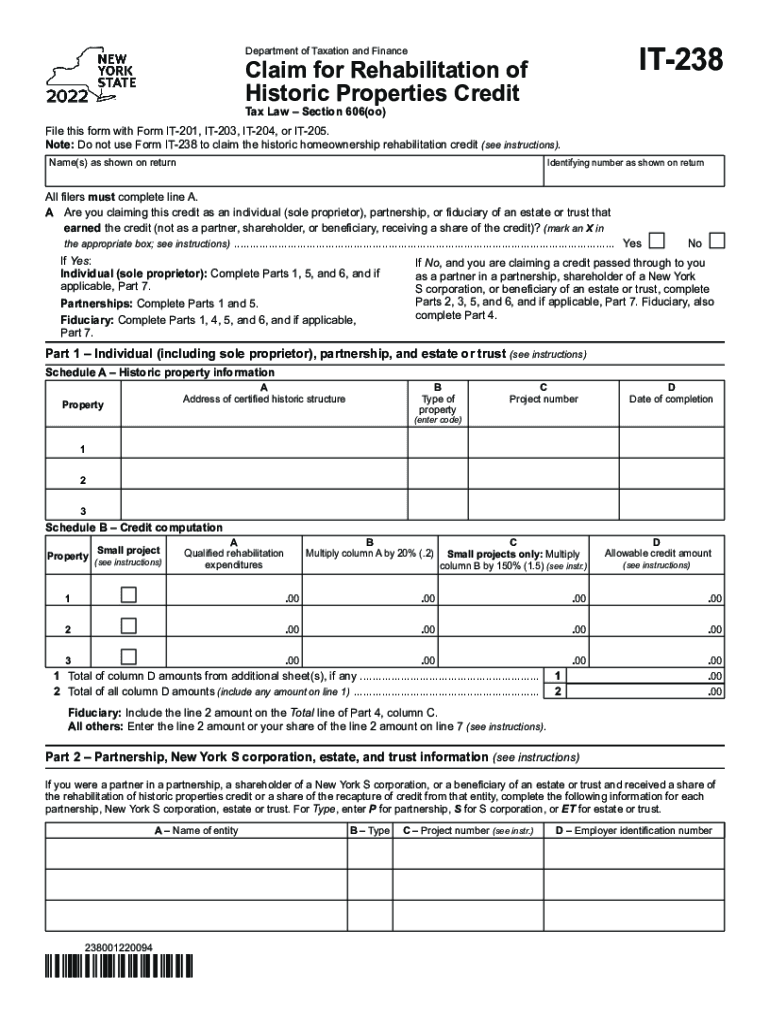  New York Form it 238 Claim for Rehabilitation of Historic 2022