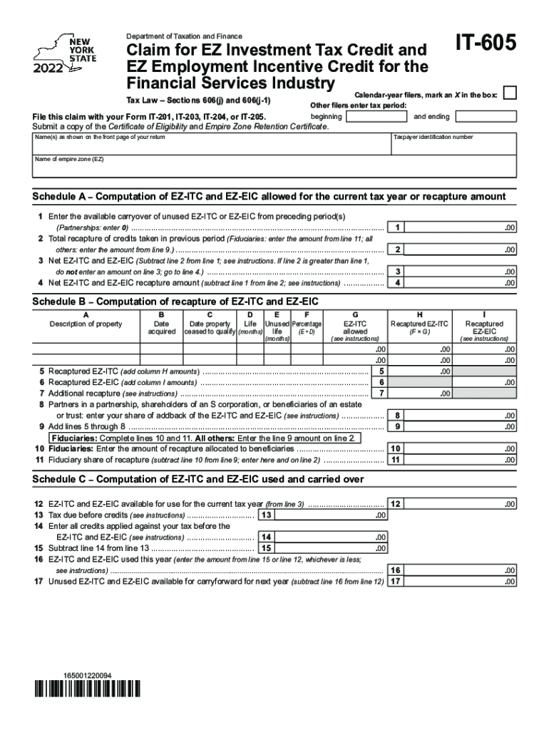  Form CT 605 Claim for EZ Investment Tax Credit and EZ 2022