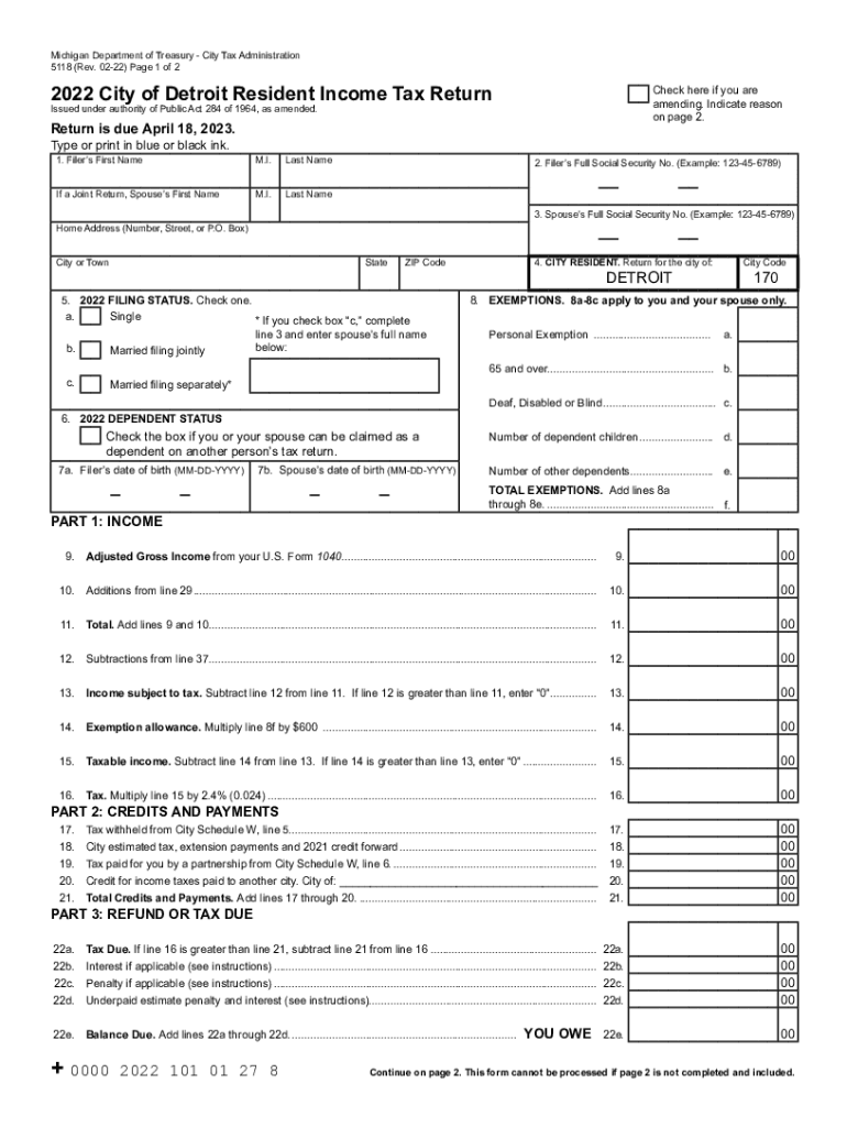 Detroit City Income Tax Forms State of Michigan 2022