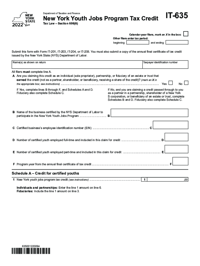  New York Form it 635 Urban Youth Jobs Program Tax Credit 2022