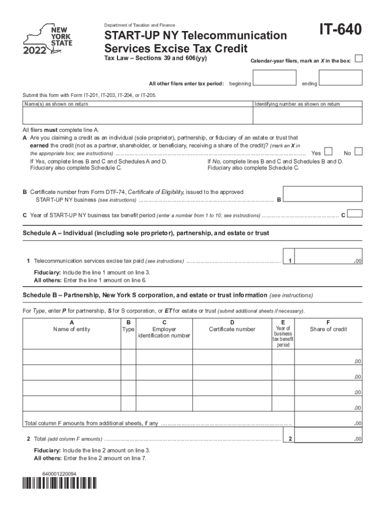  Form it 640 START UP NY Telecommunication Services Excise Tax Credit Tax Year 2022-2024