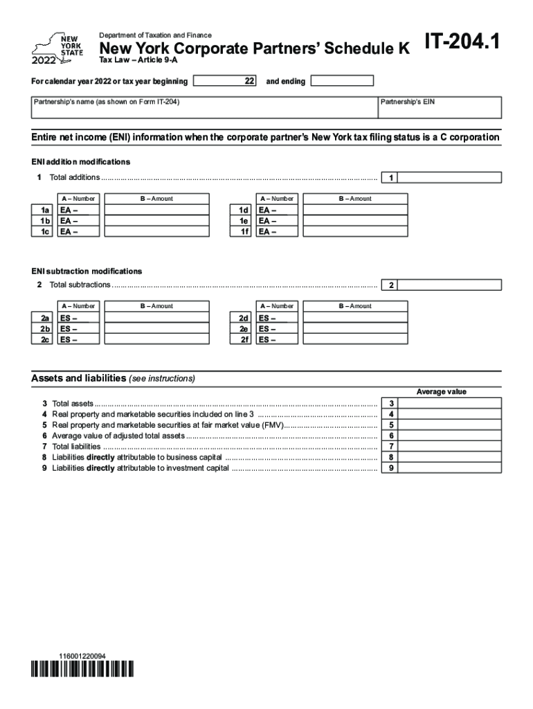  Form it 204 1 New York Corporate Partners Schedule K Tax Year 2022