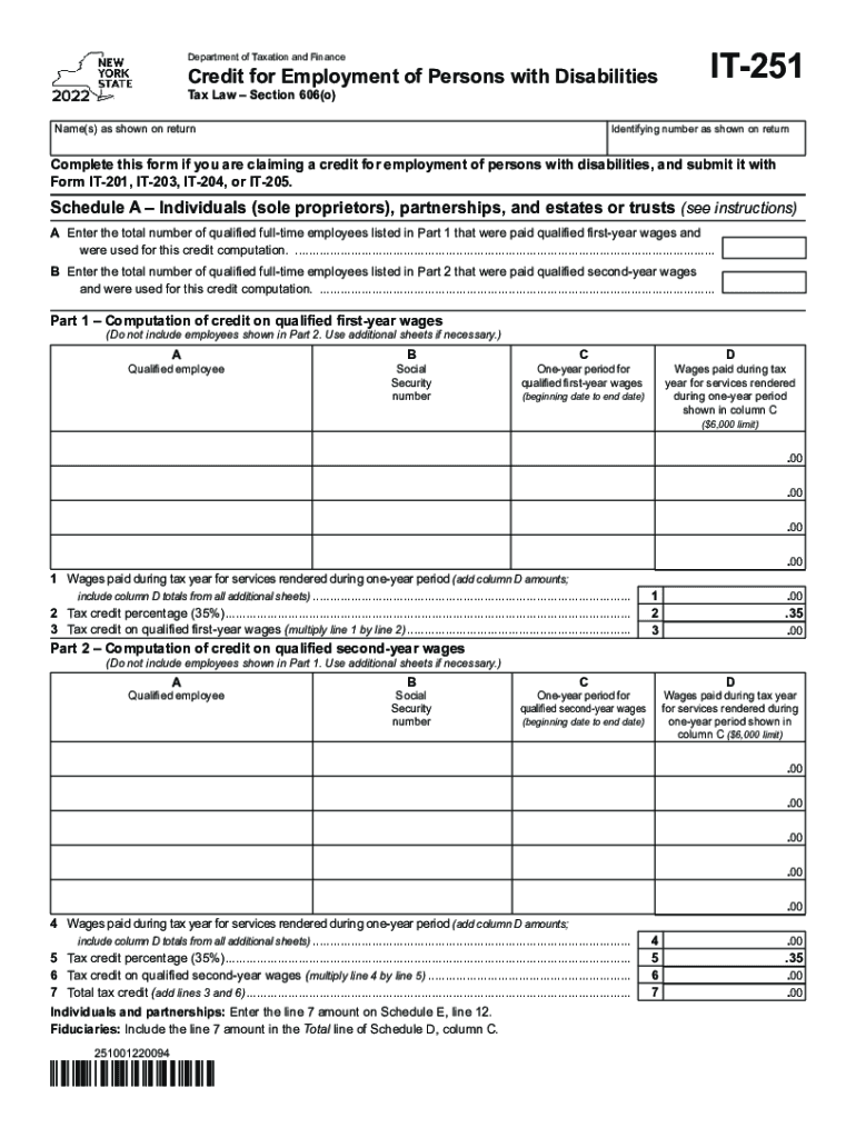  Form it 251 Credit for Employment of Persons Tax NY Gov 2022-2024