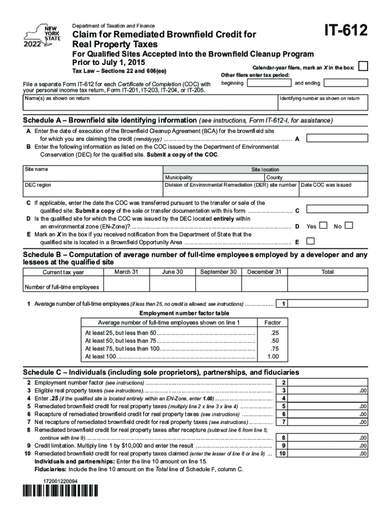  Form it 612 Claim for Remediated Brownfield Credit for Real Property Taxes Tax Year 2022
