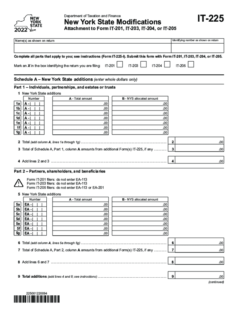  Form it 225 New York State Modifications Tax Year 2022