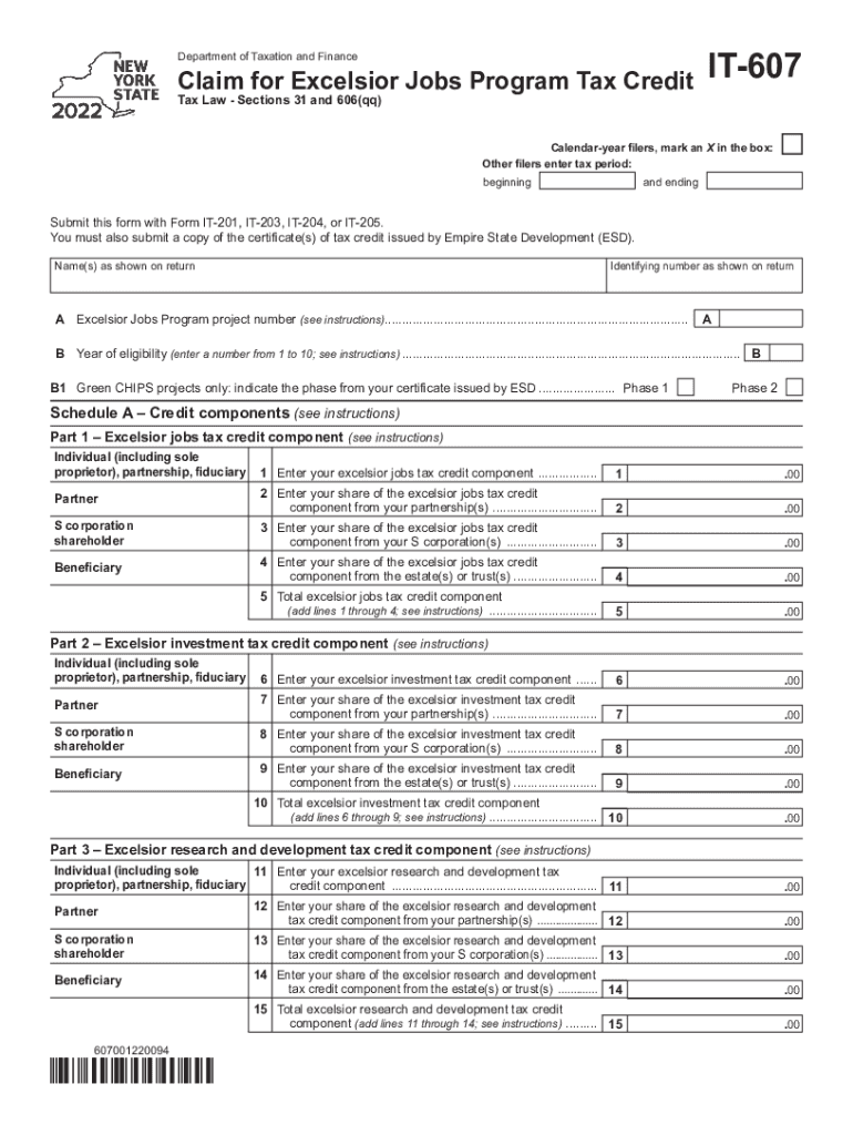  Form it 607 Claim for Excelsior Jobs Program Tax Credit Tax Year 2022