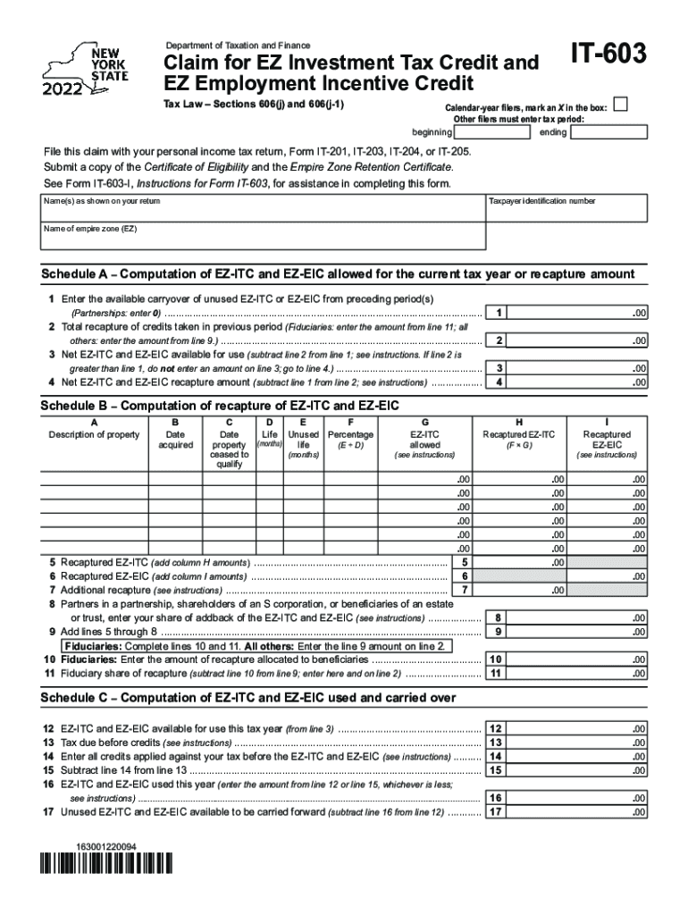  Form it 603 Claim for EZ Investment Tax Credit and EZ 2022