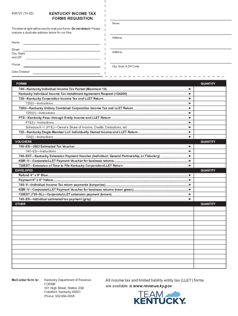  Kentucky Income Tax Forms Requisition Department of Revenue 2022-2024