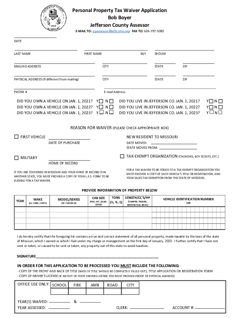  Form MO Personal Property Tax Waiver Application 2022-2024