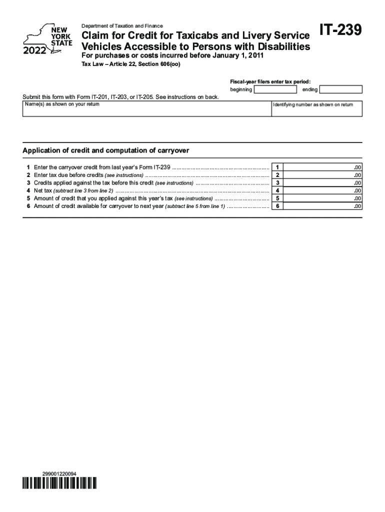  Form it 239 Claim for Credit for Taxicabs and Livery Service 2022