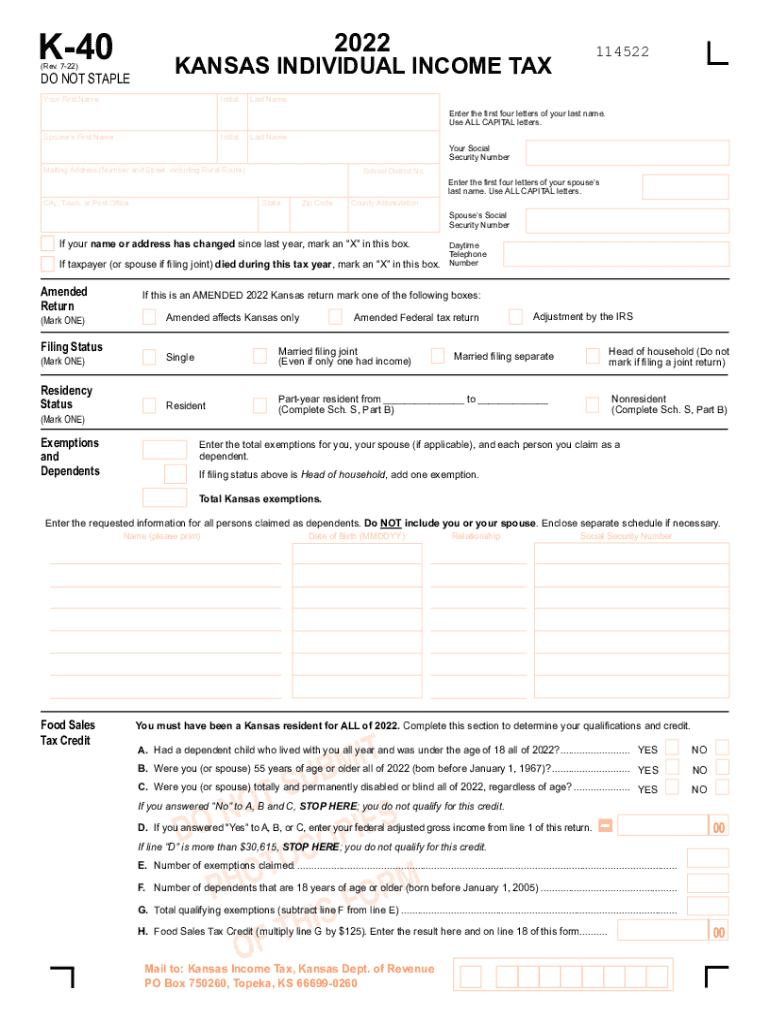  K 40 Individual Income Tax Return Rev 7 22 You Must File a Kansas Individual Income Tax Return to Receive Any Refund of Taxes Wi 2022-2024