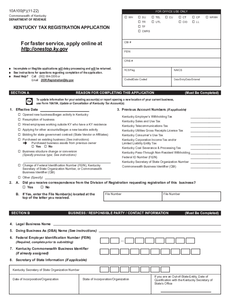 Kentucky Kentucky Tax Registration Application and Instructions 2022