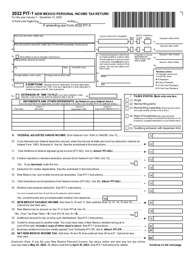  PIT 1 NEW MEXICO PERSONAL INCOME TAX RETURN Form Fill 2022