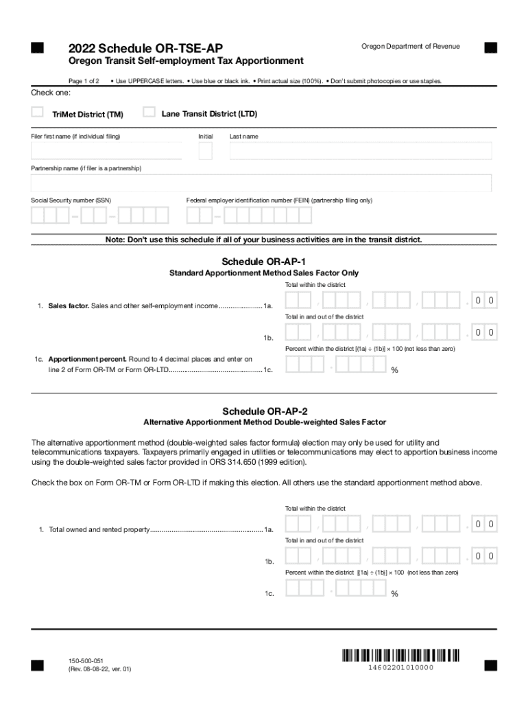  Schedule or TSE AP, Oregon Transit Self Employment Tax Apportionment, 150 500 051 2022-2024