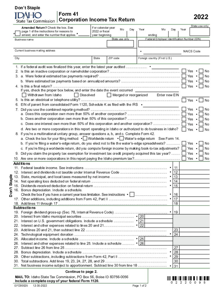  Form 41, Corporation Income Tax Return and Instructions 2022-2024