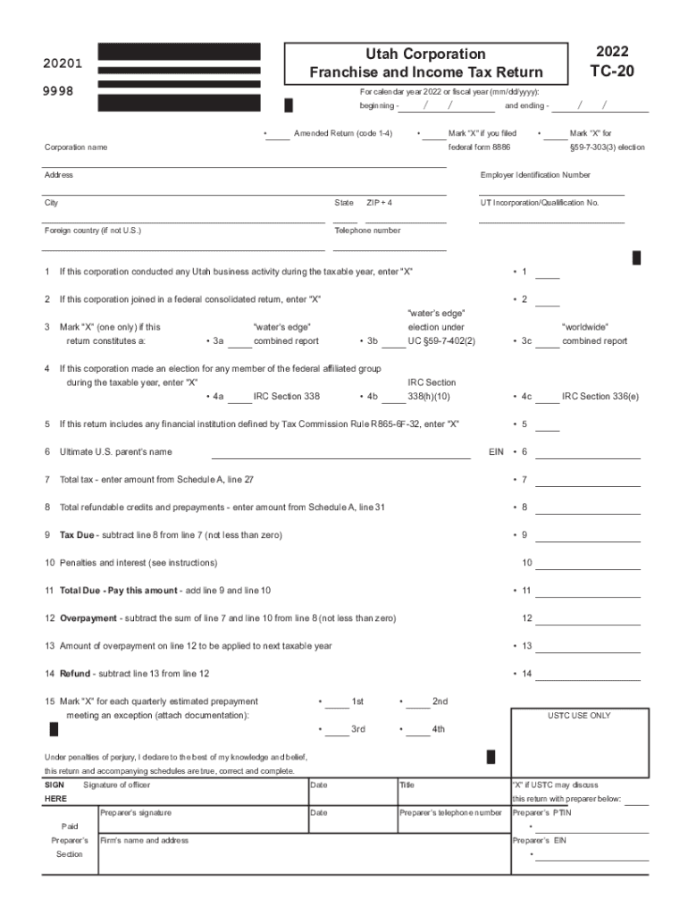  TC 20 Utah Corporation Franchise or Income Tax Forms &amp;amp; Publications 2022