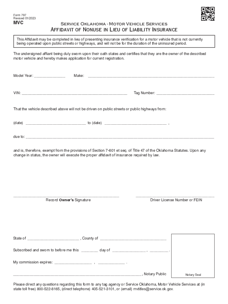  OTC Form 797 &amp;quot;Affidavit of Nonuse in Lieu of Liability Insurance&amp;quot; 2023-2024