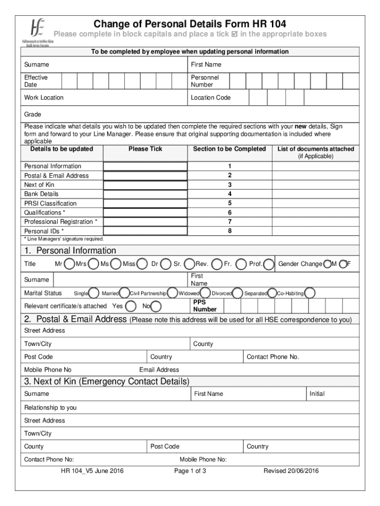 HR 104 Change of Personal Details Application to Be Completed by Employee When Updating Personal Information