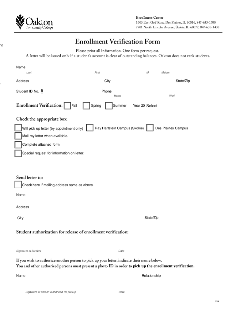 Enrollment Center 1600 East Golf Road Des Plaines,  Form
