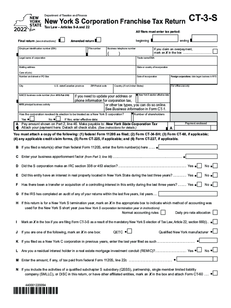  Form CT 3 S New York S Corporation Franchise Tax Return Tax Year 2022