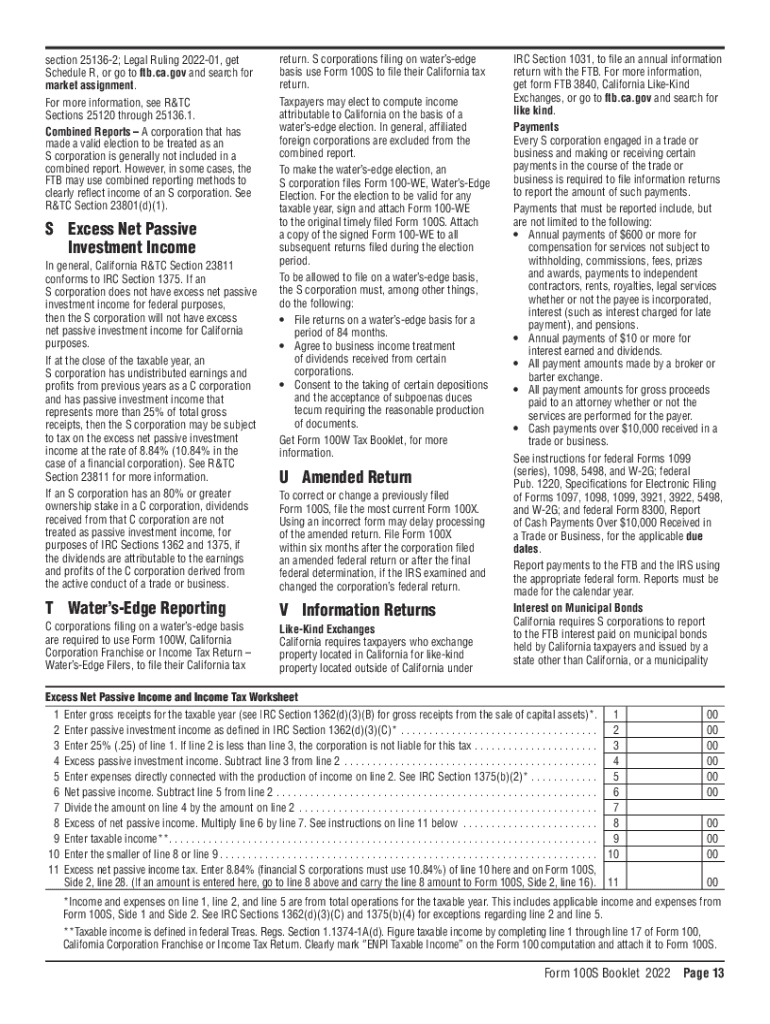 Instructions for Form 100S S Corporation Tax Booklet Instructions for Form 100S S Corporation Tax Booklet