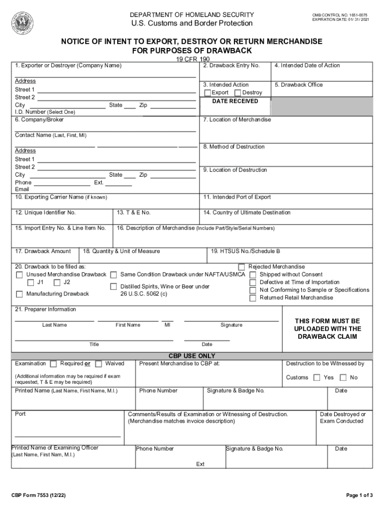  Form 7553 Notice of Intent to Export, Destroy or Return 2022-2024