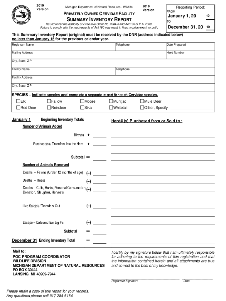 PRIVATELY OWNED CERVIDAE FACILITY SUMMARY INVENTORY REPORT Inventory Report  Form