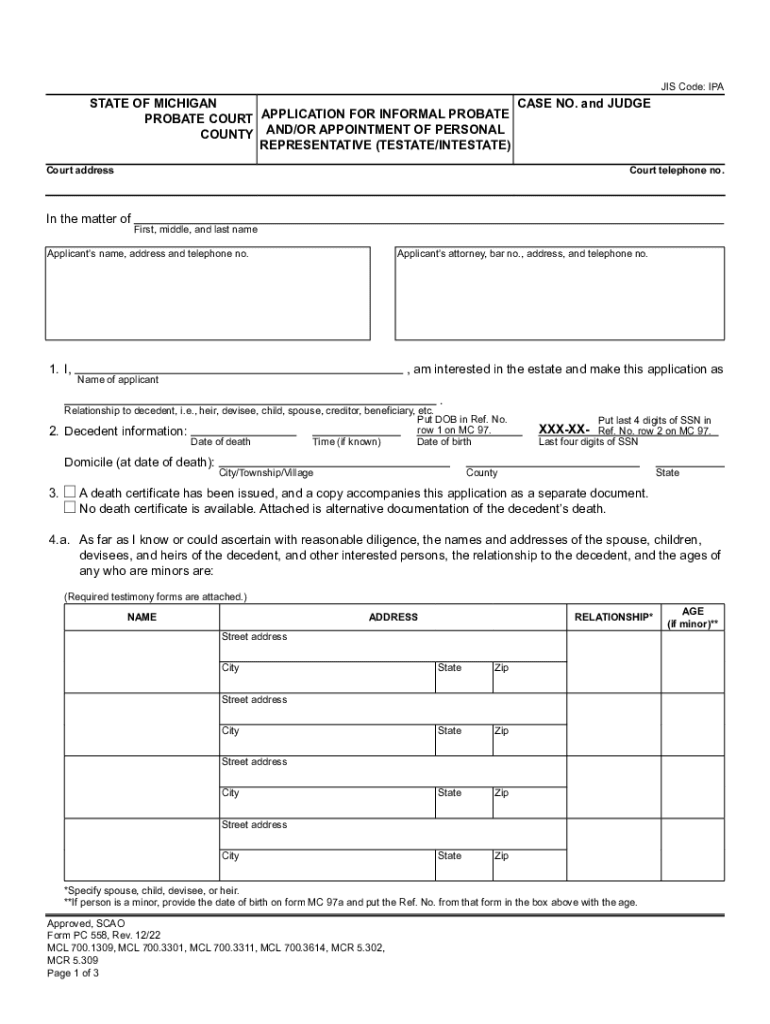  PC 558, Application for Informal Probate Andor Appointment 2022-2024