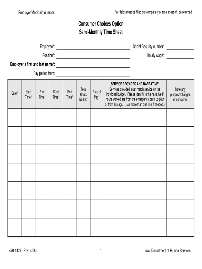Consumer Choices Option Semi Monthly Time Sheet  Form
