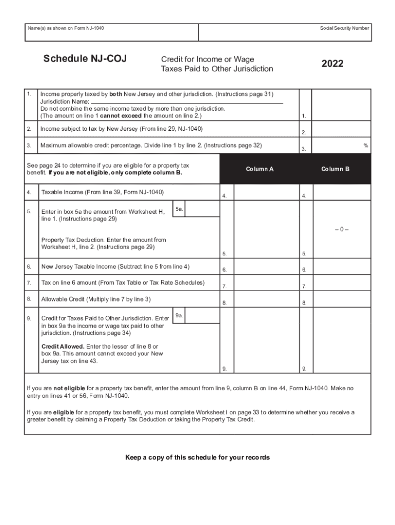  Schedule NJ COJ Credit for Income or Wage Taxes Paid to 2022-2024